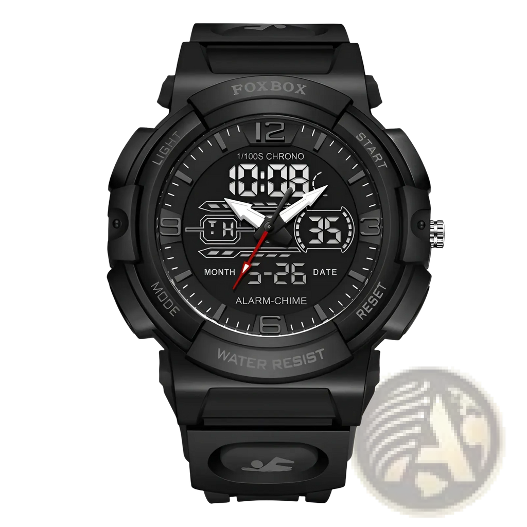 Black Foxbox digital-analog sport watch with rugged rubber strap and bold white numerals on dark dial in black and orange