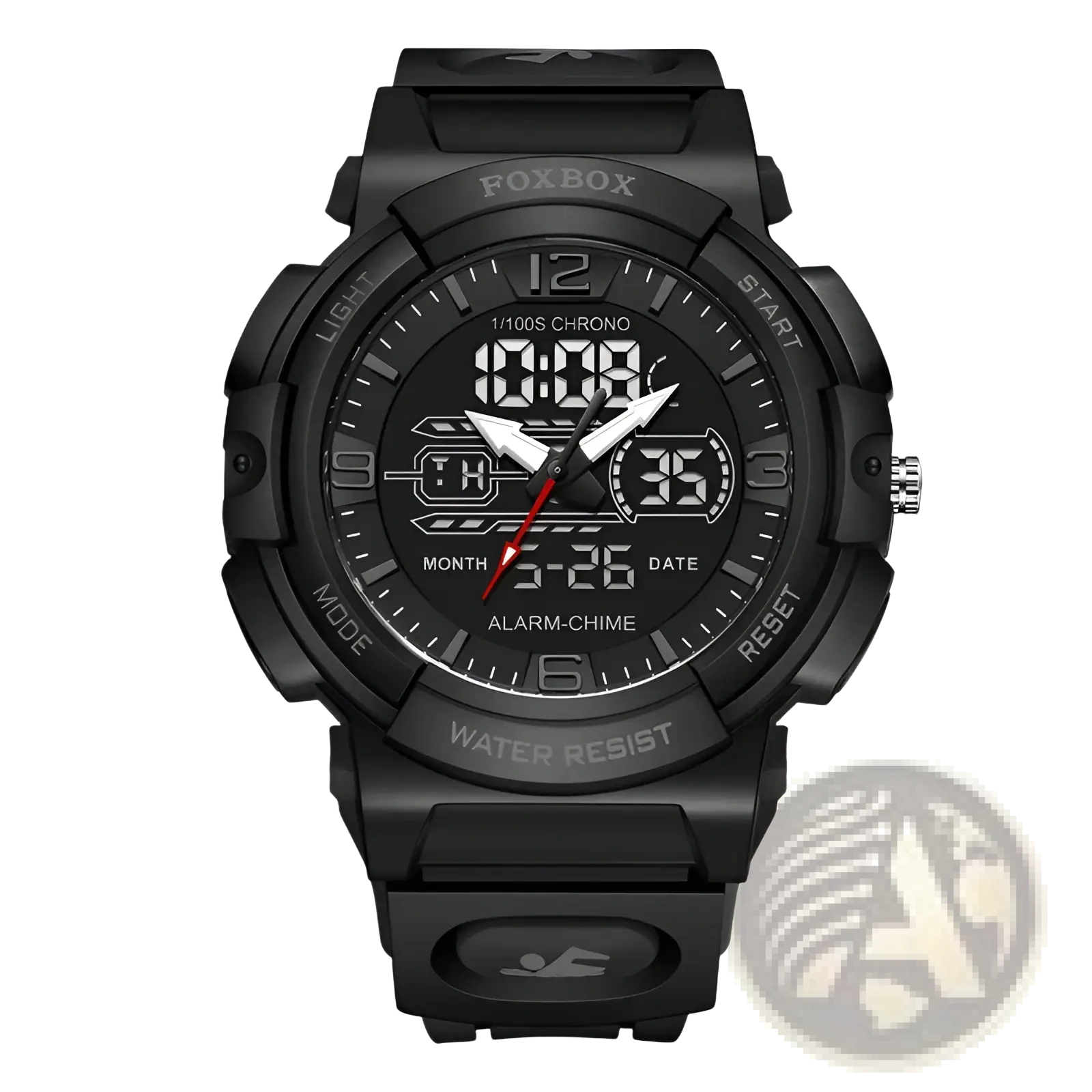 Black Foxbox digital-analog sport watch with rugged rubber strap and bold white numerals on dark dial in black and orange
