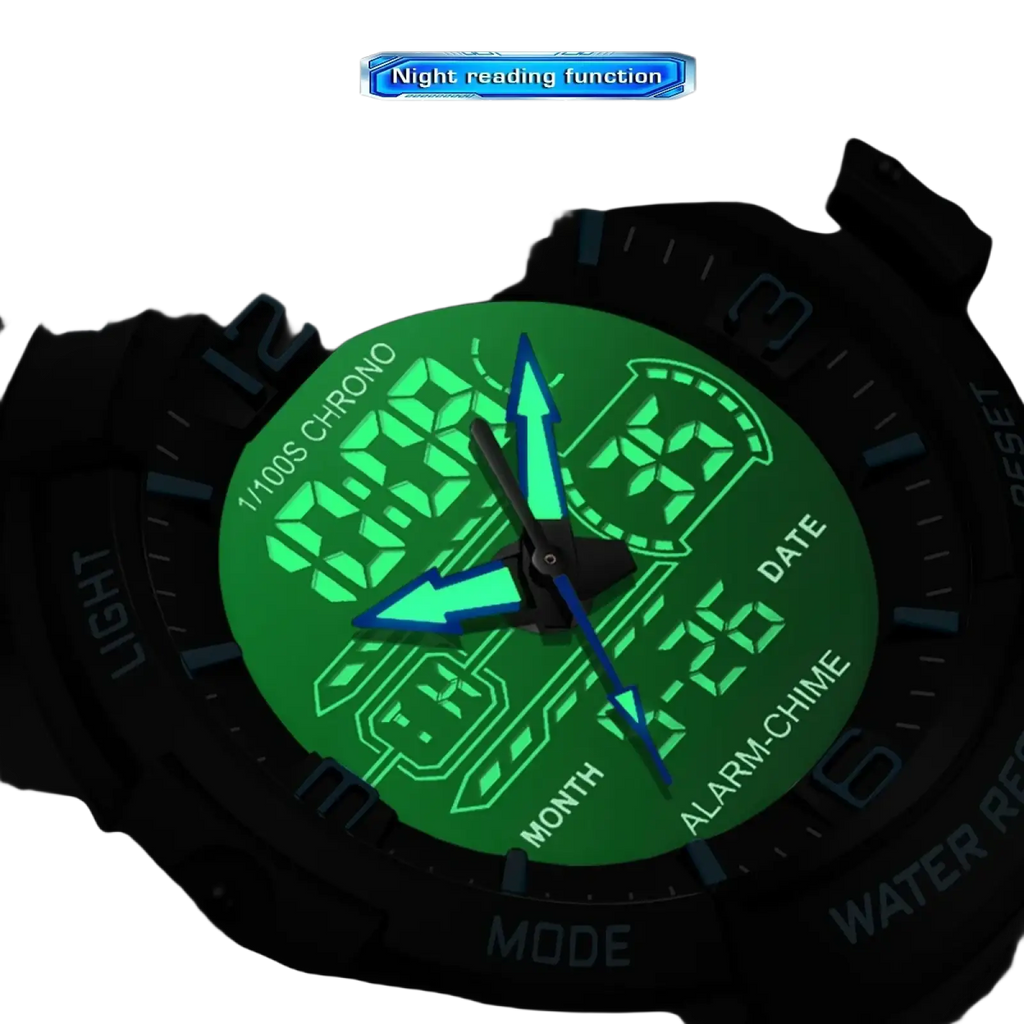 Foxbox digital sports watch black and orange featuring a green digital face with black hands and one-click glow display
