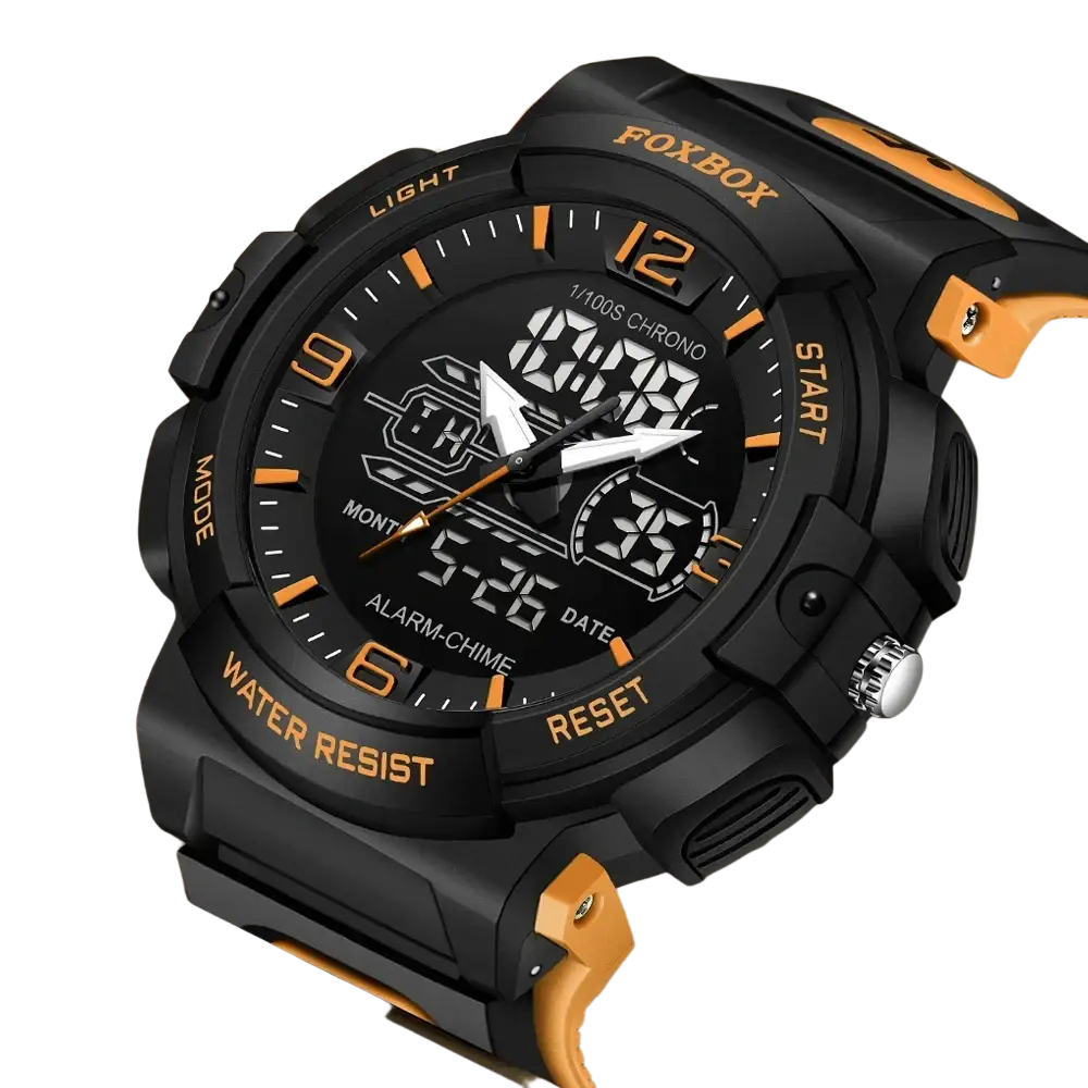 Foxbox digital sports watch in black and orange with rugged plastic casing digital-analog display and textured strap