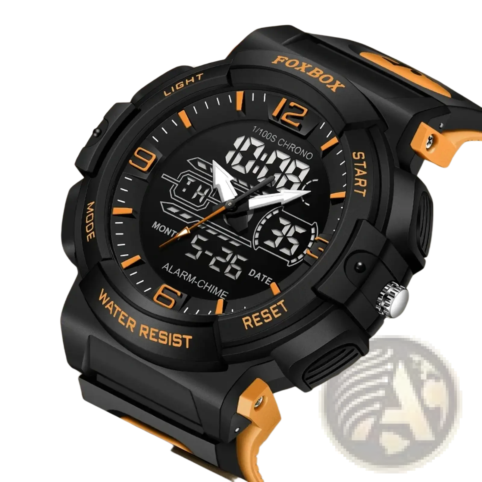 Foxbox digital sports watch in black and orange with rugged plastic casing digital-analog display and textured strap