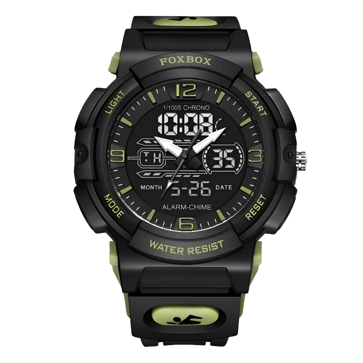 Foxbox digital sport watch black and lime green with rugged rubber strap and digital analog display