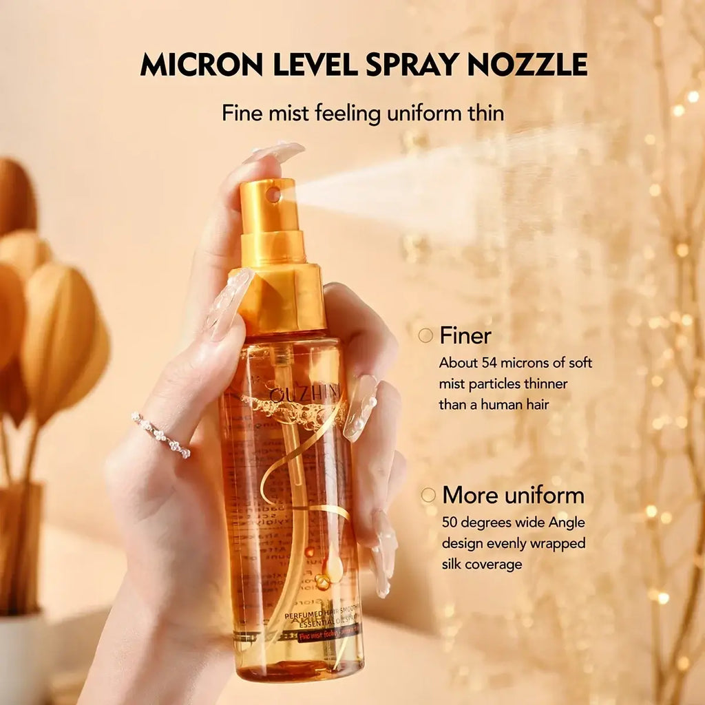 Golden fragrance hair care essential oil spray 100ml with transparent body and ornate gold cap for care essential oil use