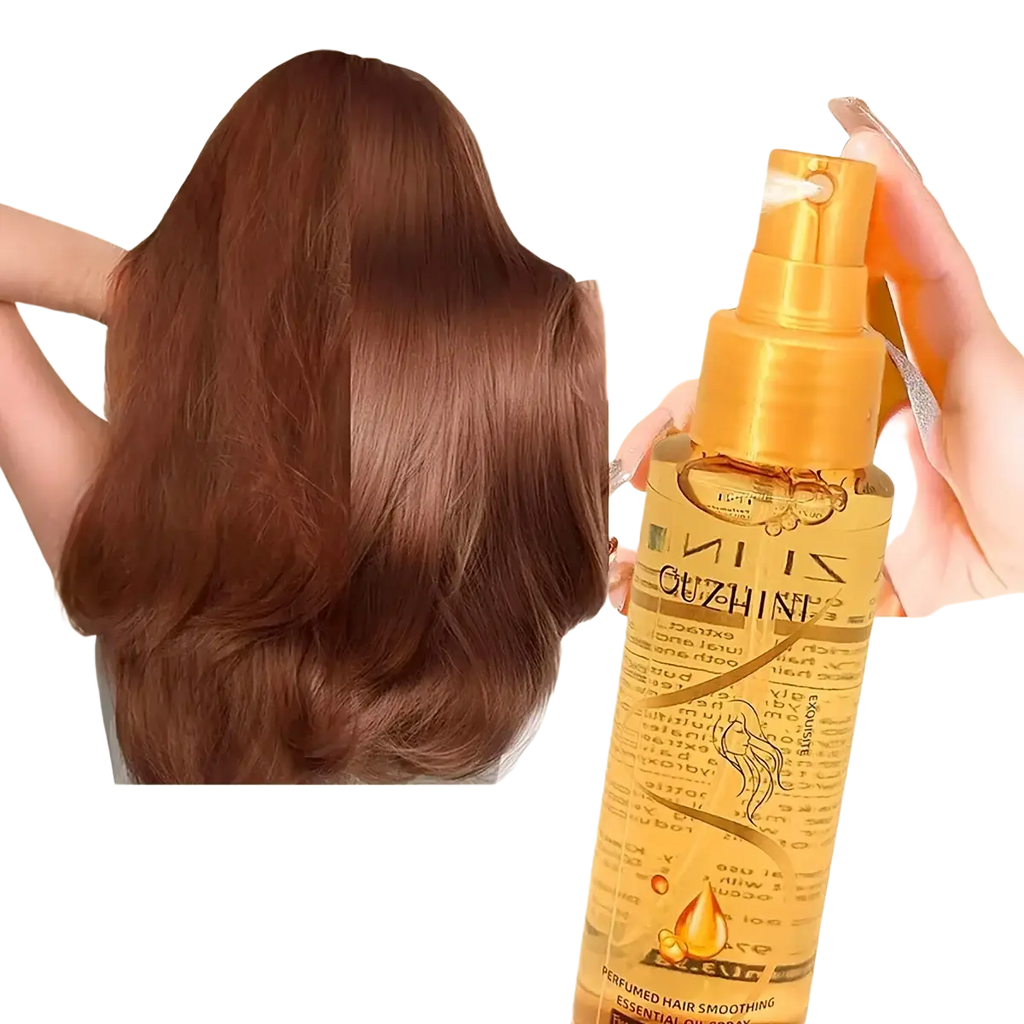 Golden fragrance hair care essential oil spray bottle with gold nozzle and amber liquid 100ml for hair care essential