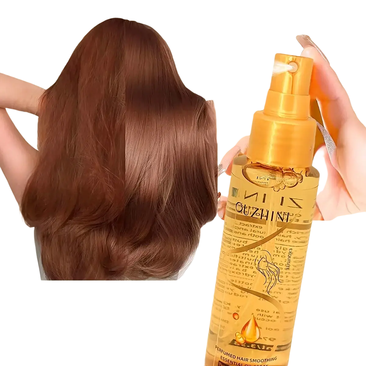 Golden fragrance hair care essential oil spray bottle with gold nozzle and amber liquid 100ml for hair care essential