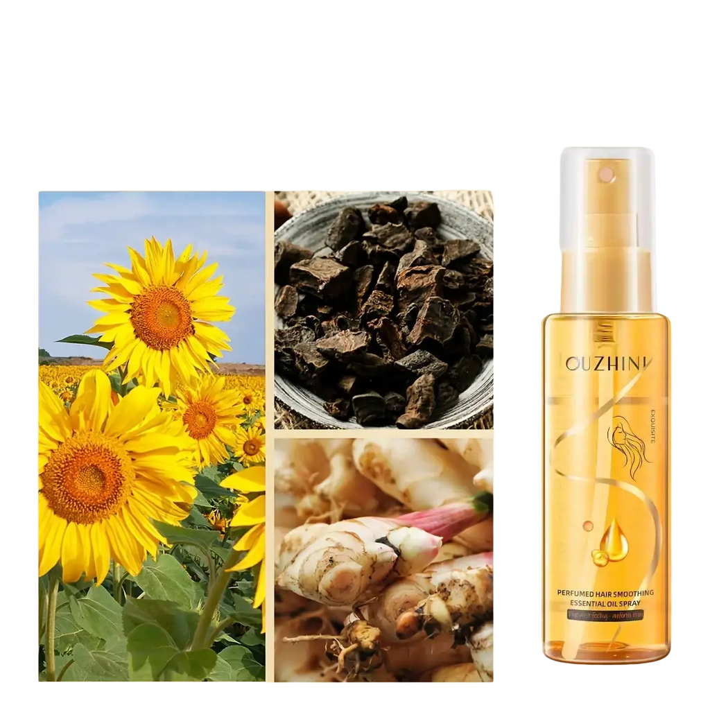 Golden transparent spray bottle of ouzhini fragrance hair care essential oil spray 100ml for hair smoothing