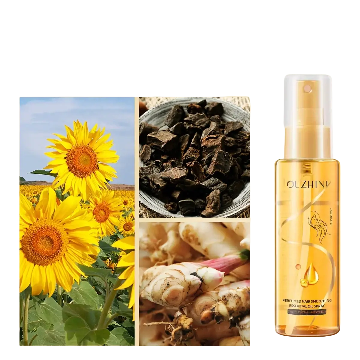 Golden transparent spray bottle of ouzhini fragrance hair care essential oil spray 100ml for hair smoothing