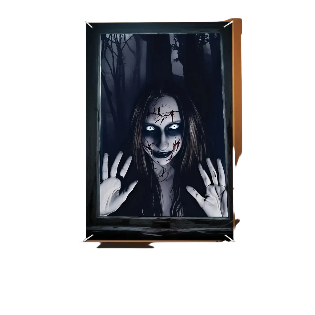 Framed halloween ghost window poster featuring a pale woman with glowing eyes and cracked makeup peering through glass