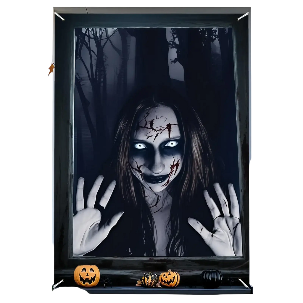 Black-framed halloween ghost window poster featuring a pale woman with glowing eyes and cracked face paint