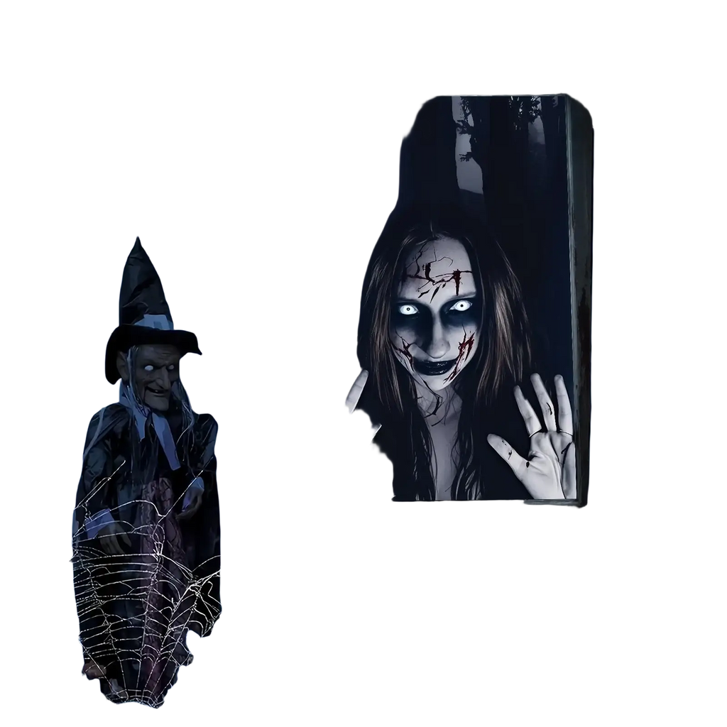 A framed black-and-white halloween ghost window poster showing a pale woman with blood-stained hands behind glass