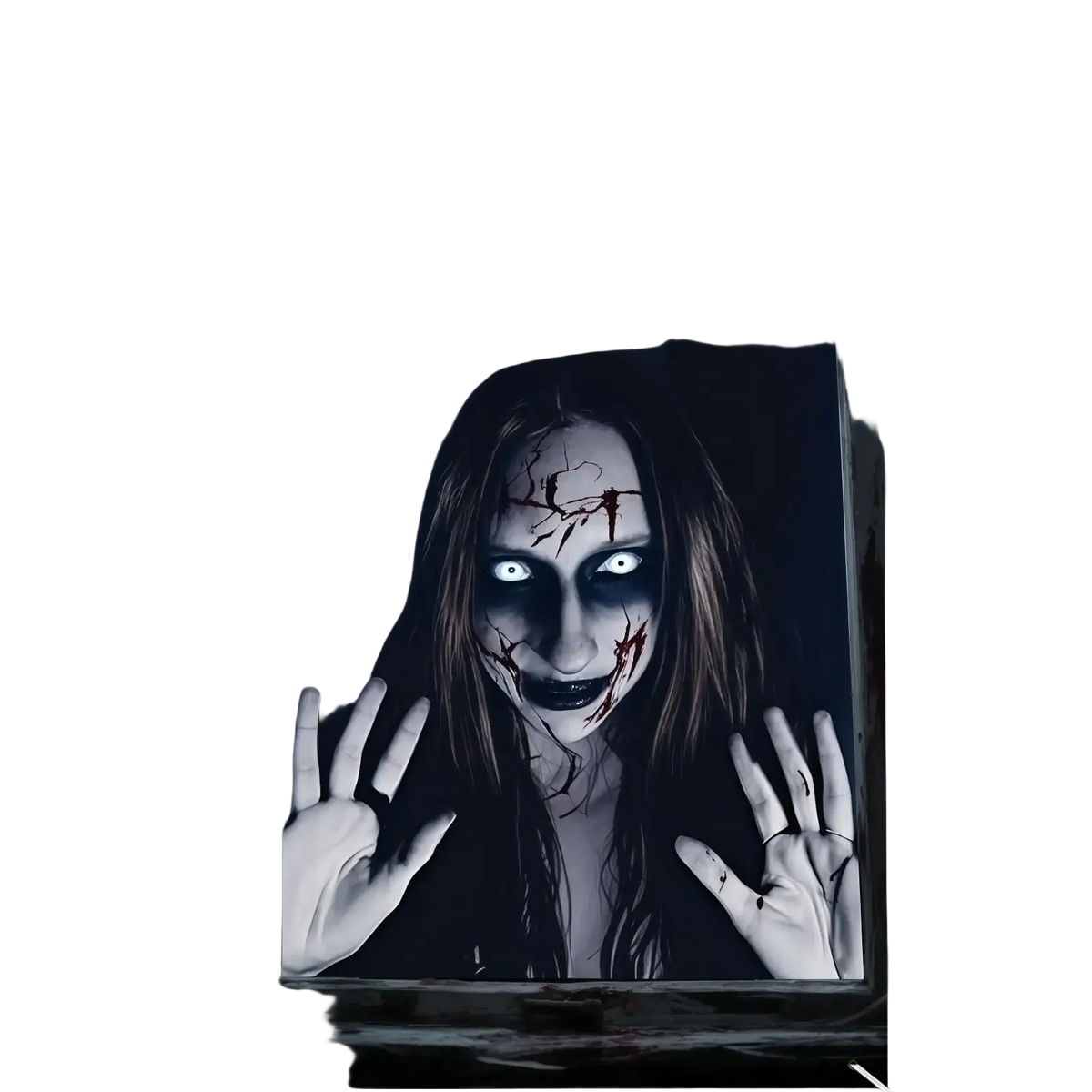 Framed halloween ghost window poster featuring a black and white decal of a pale cracked-faced figure with glowing eyes