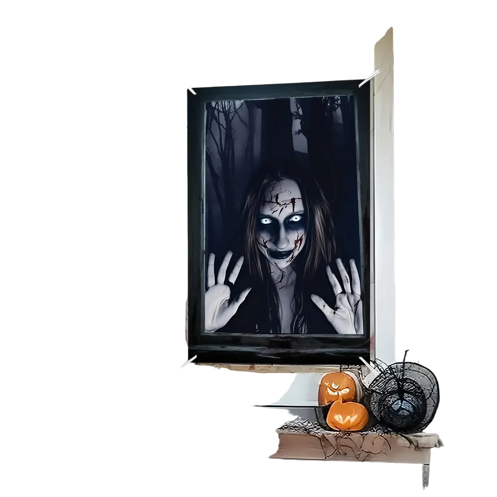 Framed halloween ghost window poster featuring a black-and-white spooky pale-faced figure with glowing eyes