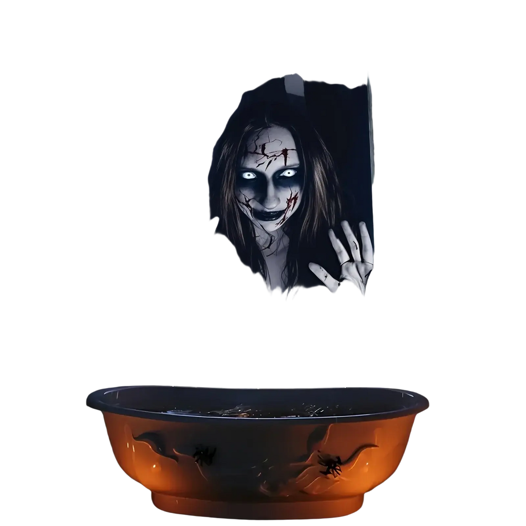 Framed halloween ghost window poster featuring a pale long-haired figure with glowing white eyes in a dark bathroom
