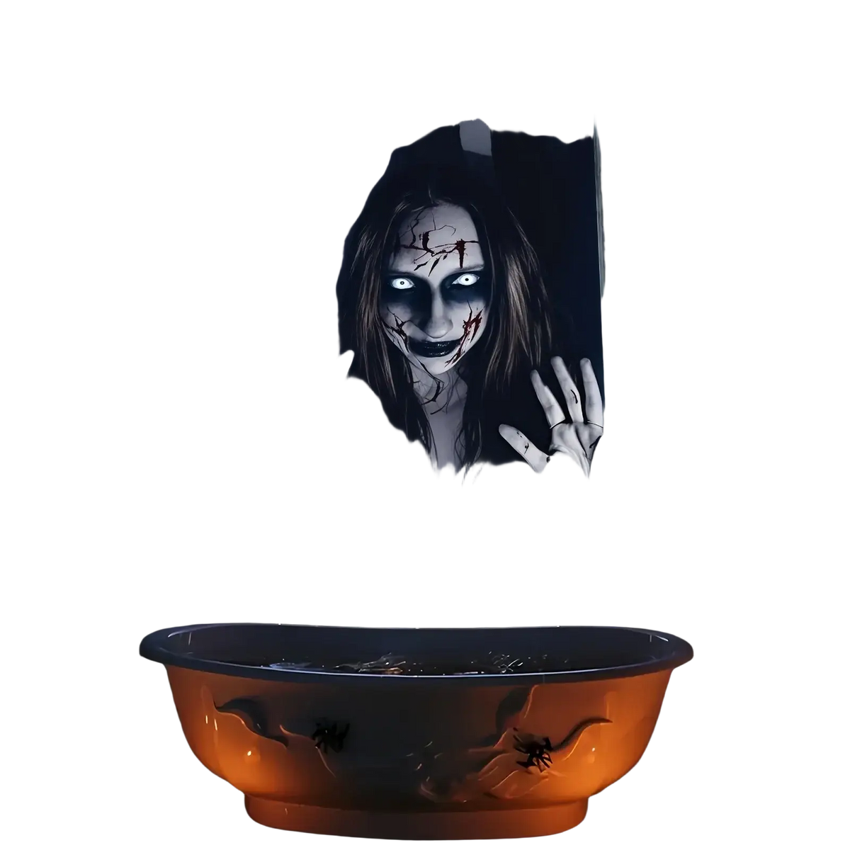 Framed halloween ghost window poster featuring a pale long-haired figure with glowing white eyes in a dark bathroom