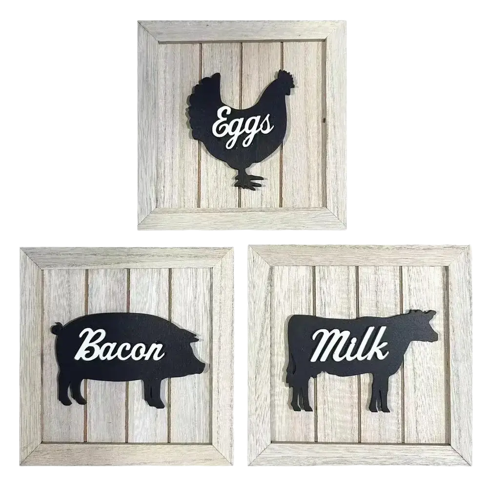 Set of three rustic wooden framed wall art with black farm animal silhouettes and white cursive text for kitchen decor