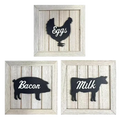 Set of three rustic wooden framed wall art with black farm animal silhouettes and white cursive text for kitchen decor