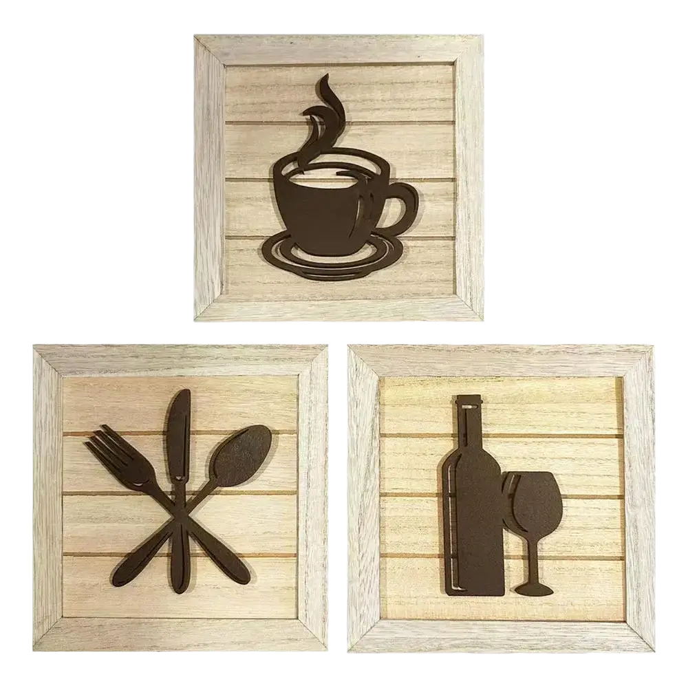 Framed wall art set of three rustic wooden kitchen decor pieces with dark brown metal coffee cutlery and wine silhouettes