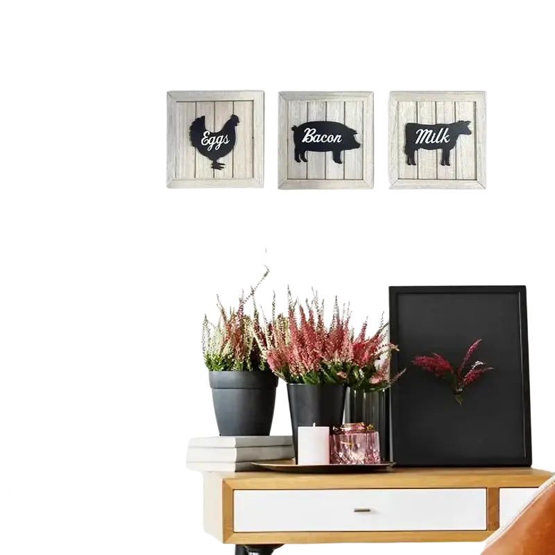 Three framed rustic wooden wall art with black chicken bacon and cow silhouettes for kitchen decor