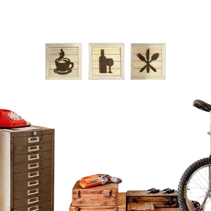 Three square wooden framed wall art pieces with rustic white frames featuring black kitchen-themed silhouettes