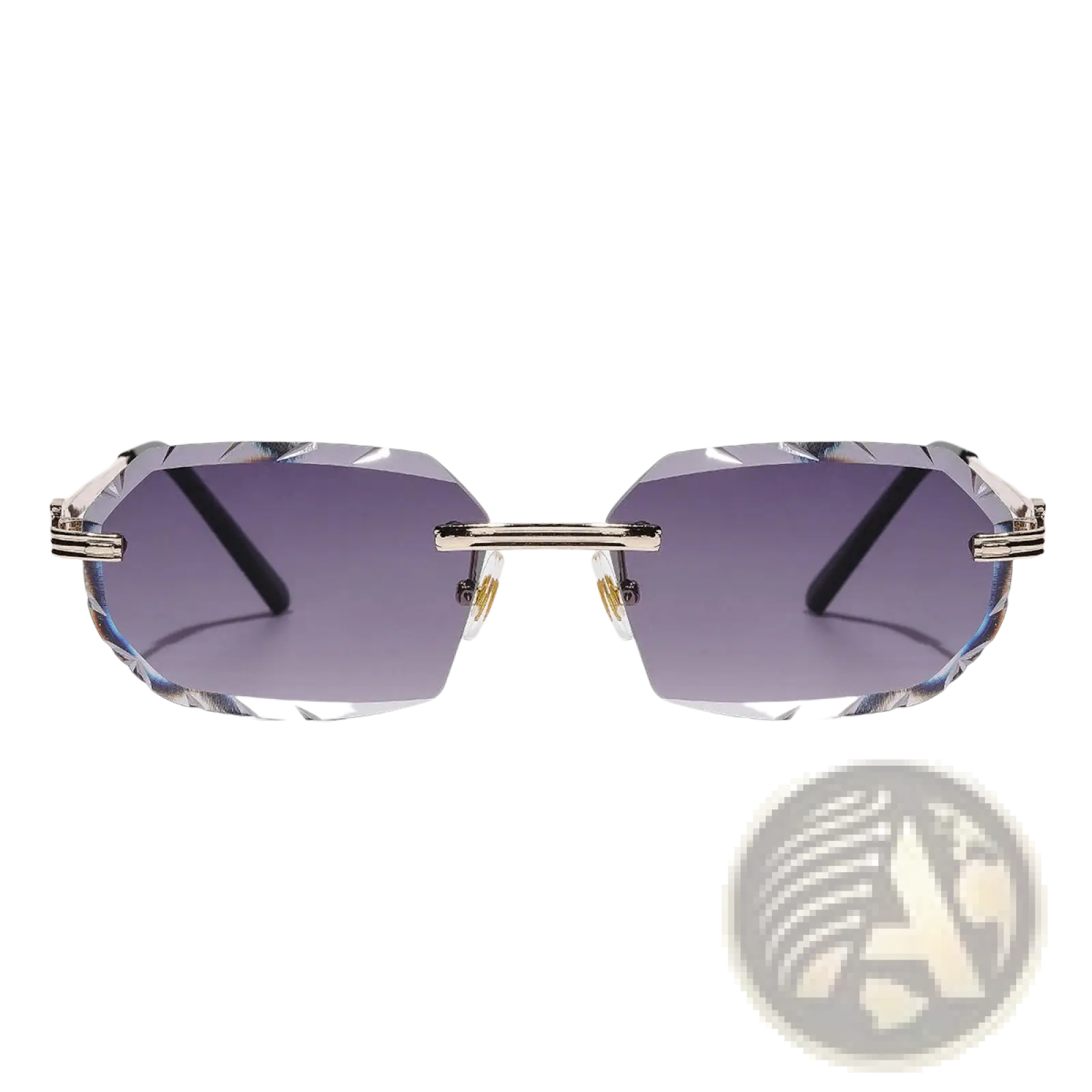 Silver-framed frameless geometric diamond cut sunglasses with faceted gradient purple lenses
