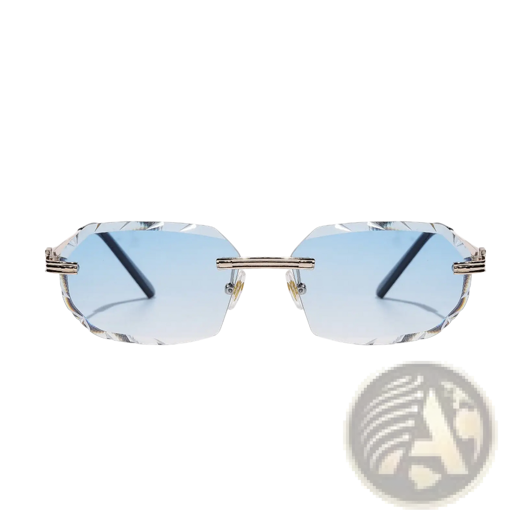 Frameless geometric diamond cut gradient sunglasses with blue gradient lenses clear faceted frame and gold tone metal bridge