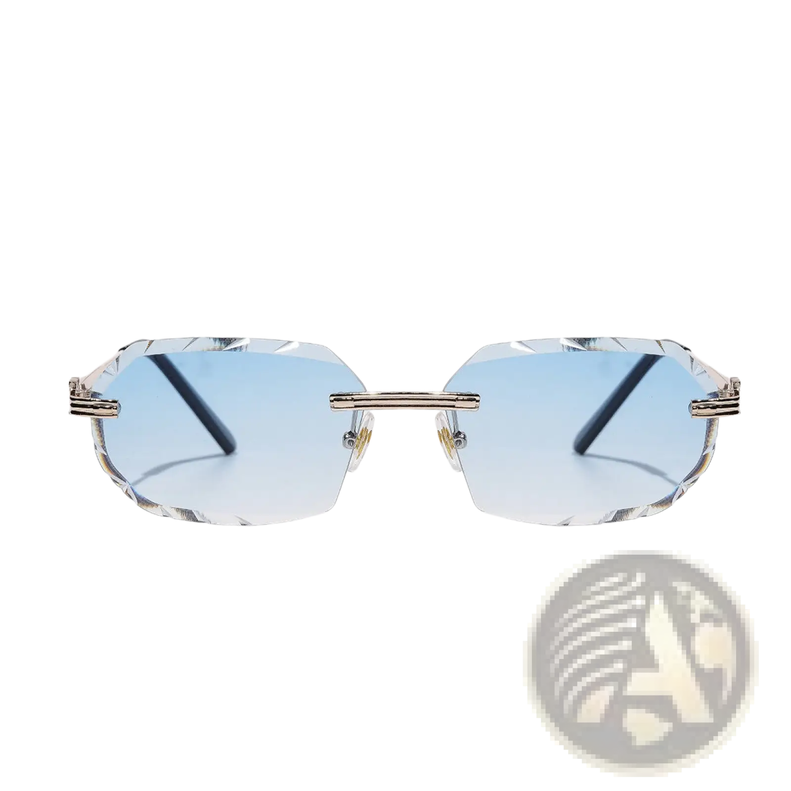 Frameless geometric diamond cut gradient sunglasses with blue gradient lenses clear faceted frame and gold tone metal bridge