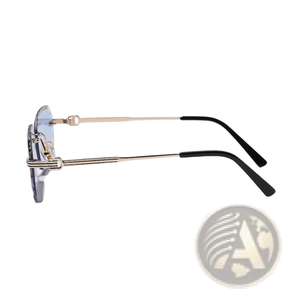 Frameless geometric diamond cut gradient sunglasses with gold-toned metal frame black temple tips and blue lenses