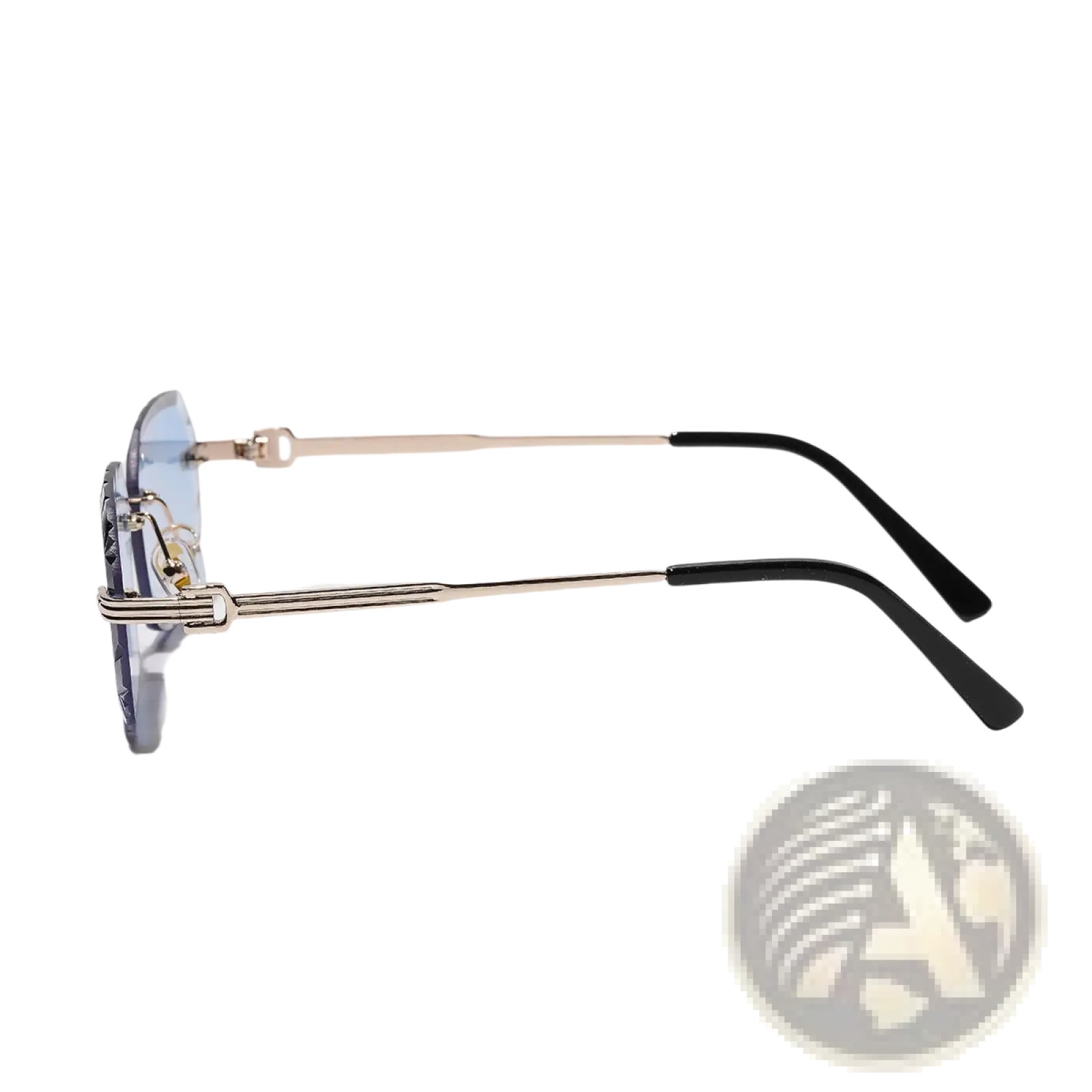 Frameless geometric diamond cut gradient sunglasses with gold-toned metal frame black temple tips and blue lenses