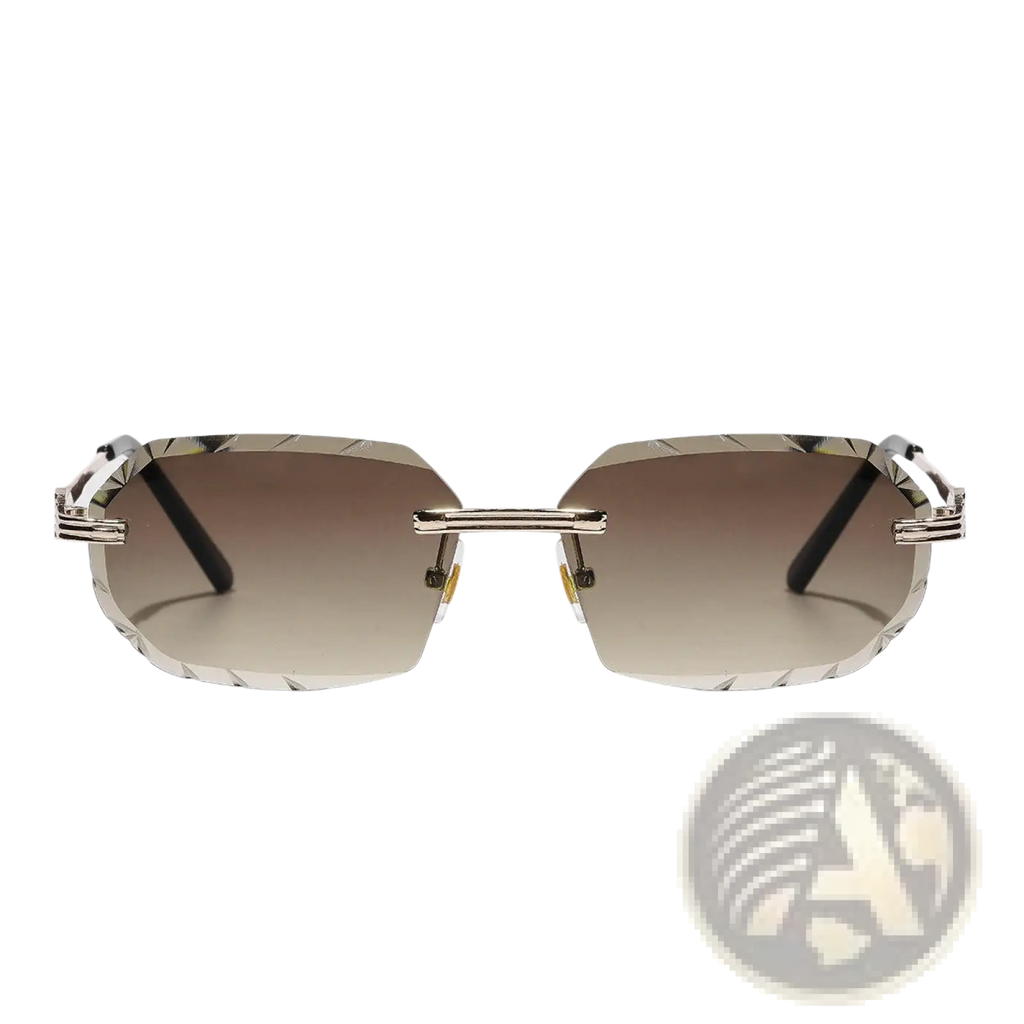 Silver-framed frameless geometric diamond cut sunglasses with faceted gradient brown lenses for stylish wear