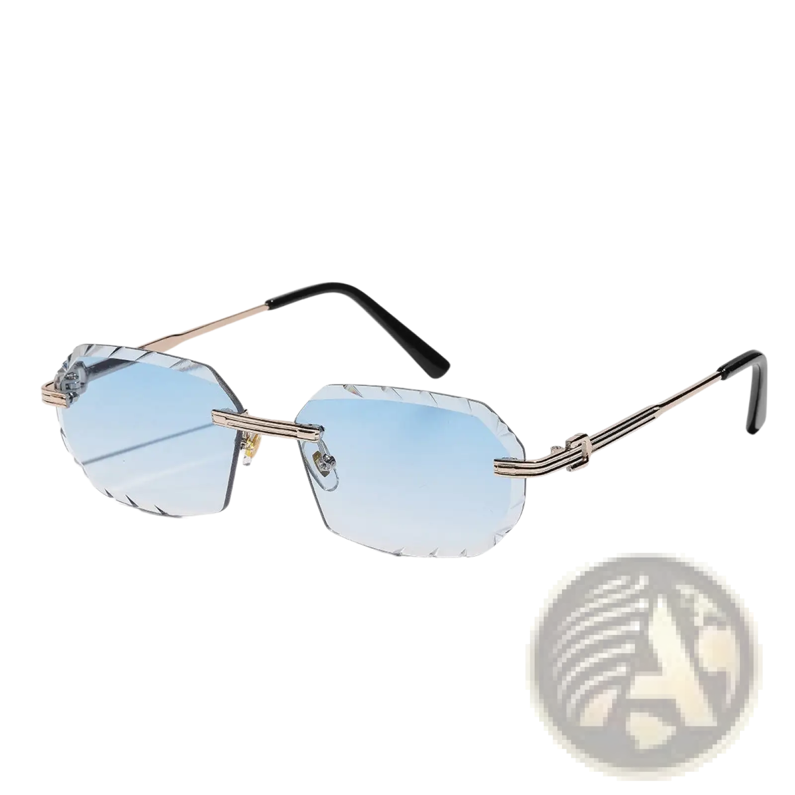 Frameless geometric diamond cut gradient sunglasses with blue tinted lenses and sleek gold-tone metal frame with black tips