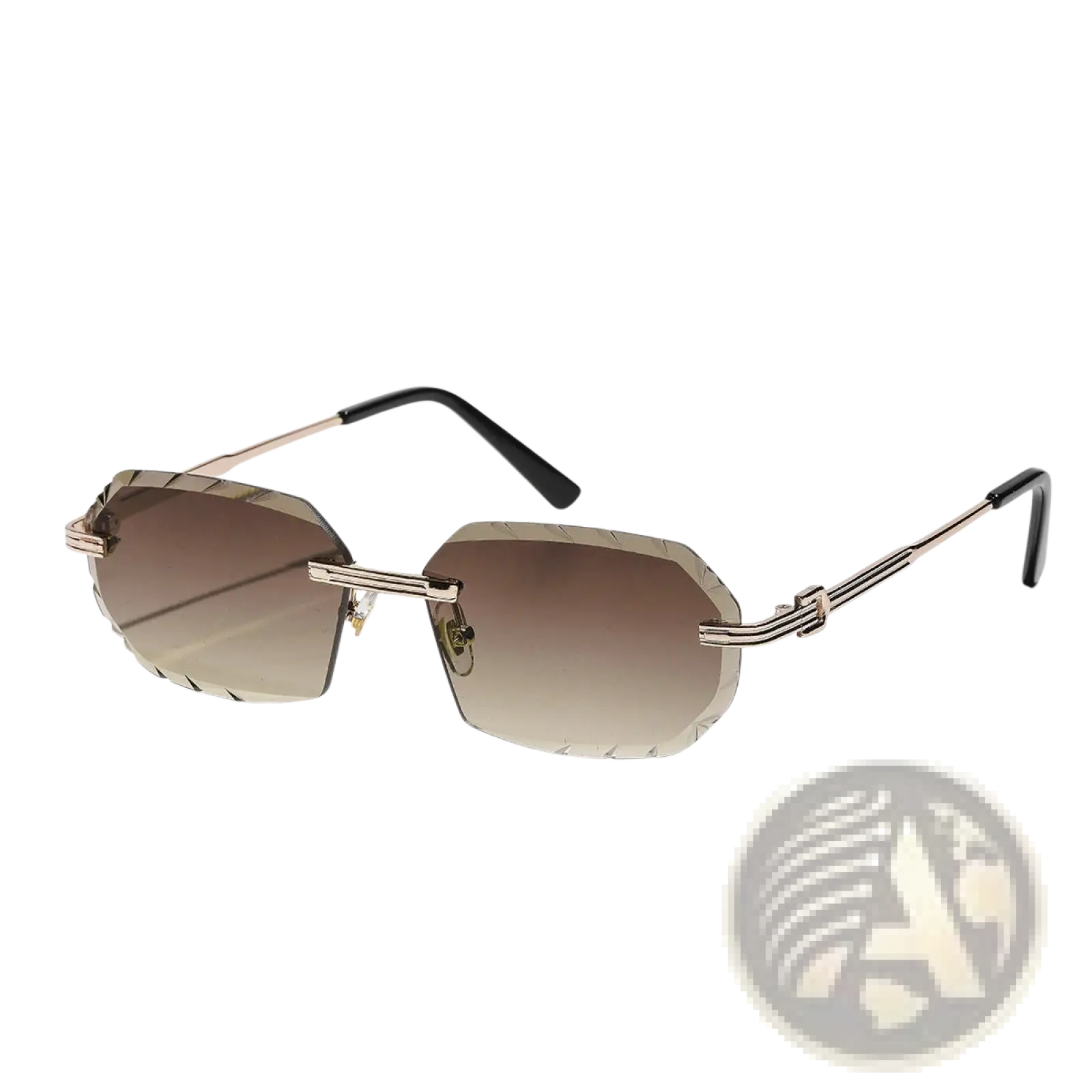 Gold-toned metal-framed frameless geometric diamond cut gradient sunglasses with brown lenses and black temple tips