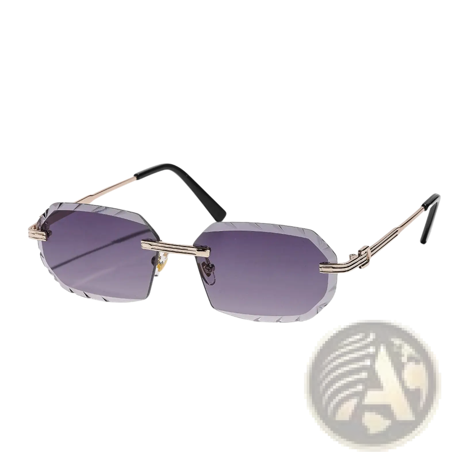 Gold-toned metal-framed frameless geometric diamond cut sunglasses with gradient purple angular lenses
