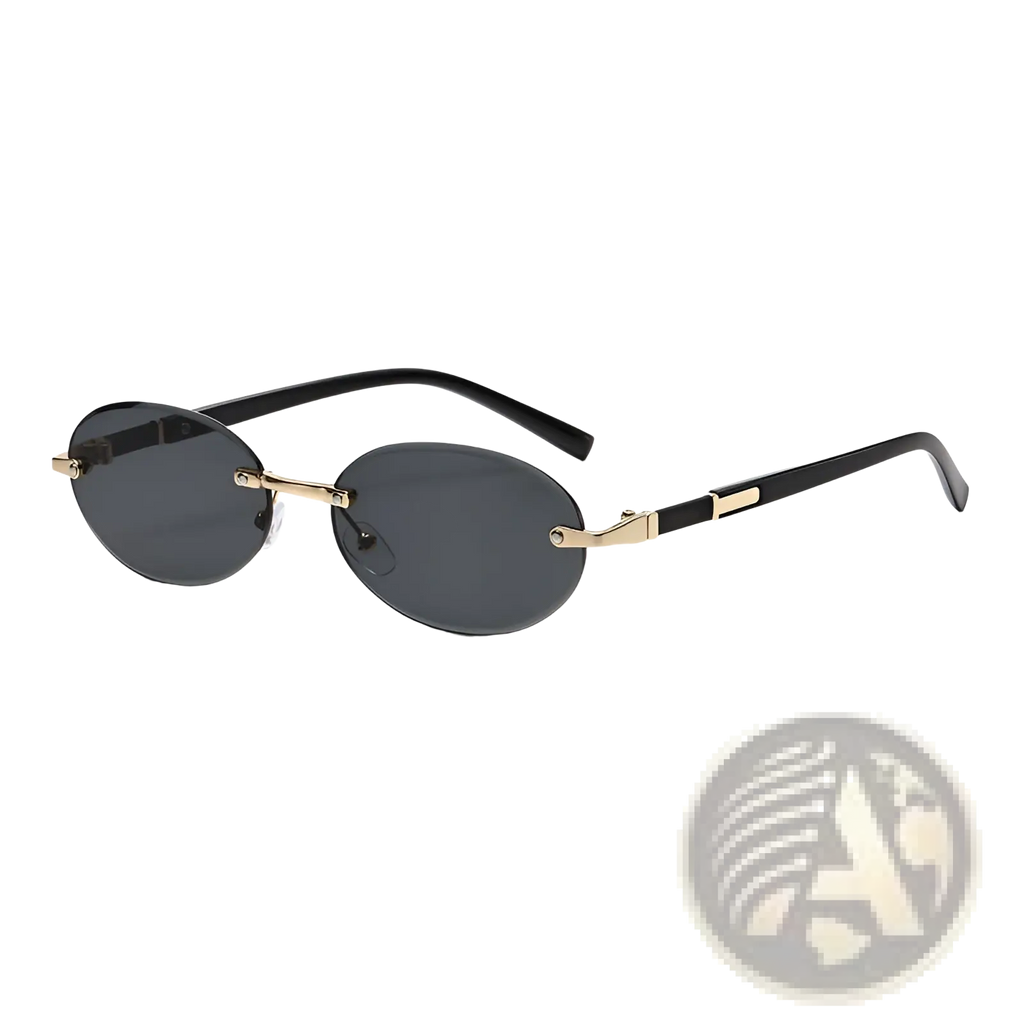 Frameless oval UV400 fashion sunglasses with black and gold metal accents and dark gray lenses