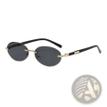 Frameless oval UV400 fashion sunglasses with black and gold metal accents and dark gray lenses