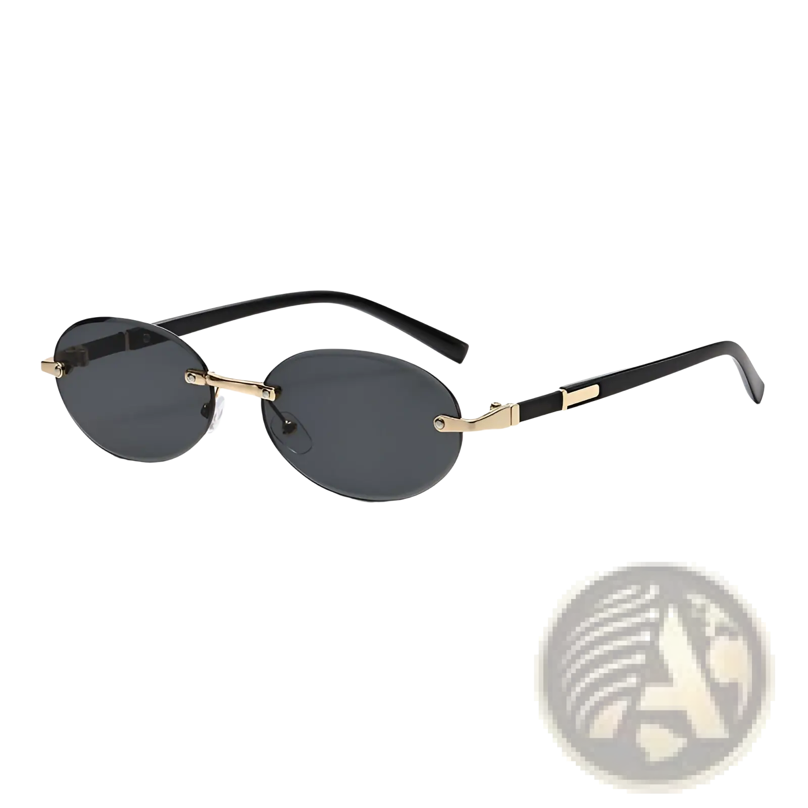 Frameless oval UV400 fashion sunglasses with black and gold metal accents and dark gray lenses