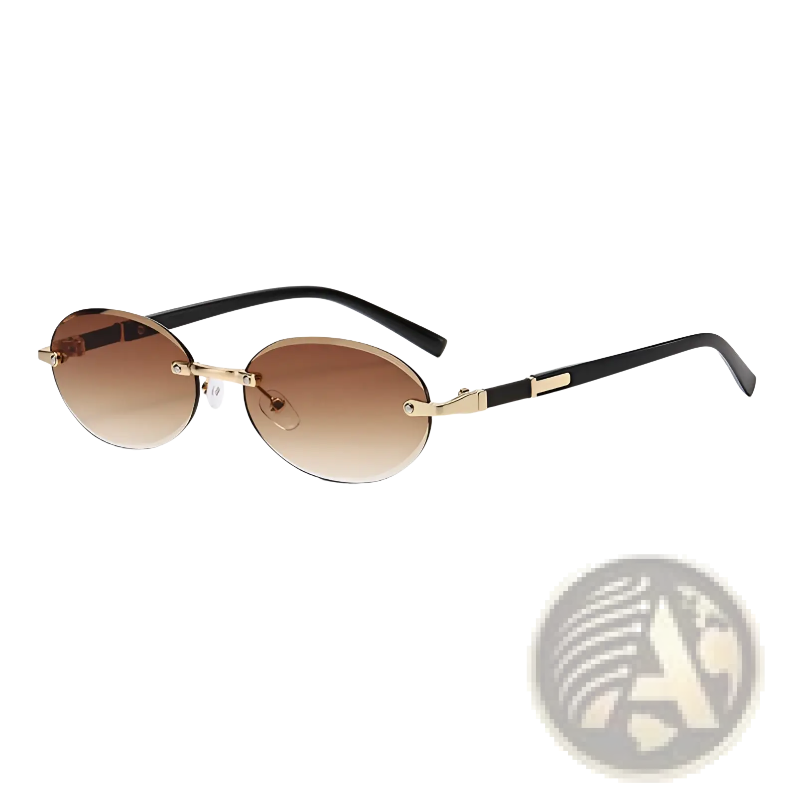 Frameless oval uv400 fashion sunglasses with black and gold metal accents and gradient brown lenses
