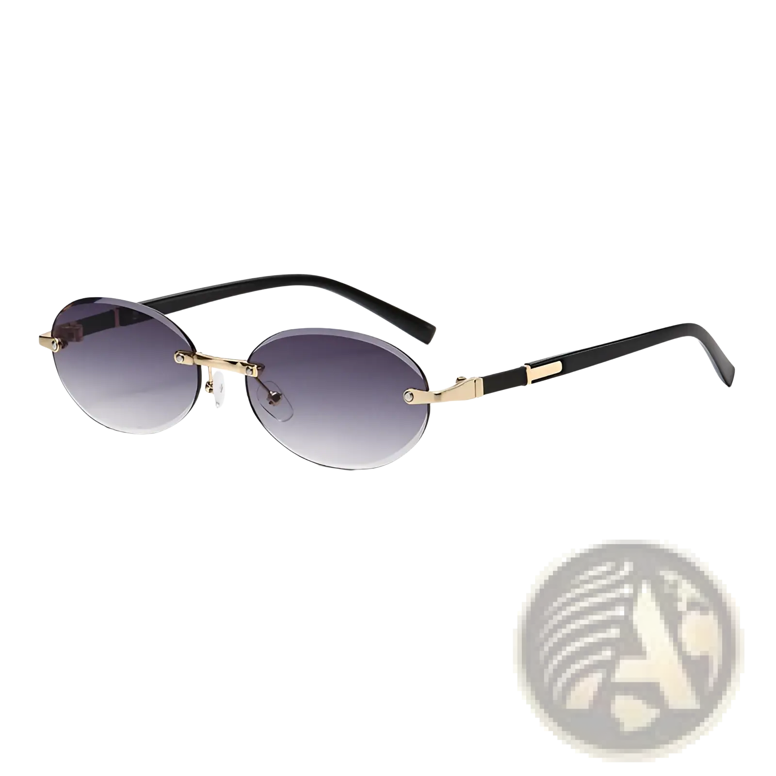 Black and gold-framed frameless oval UV400 fashion sunglasses with metal accents and gradient gray lenses