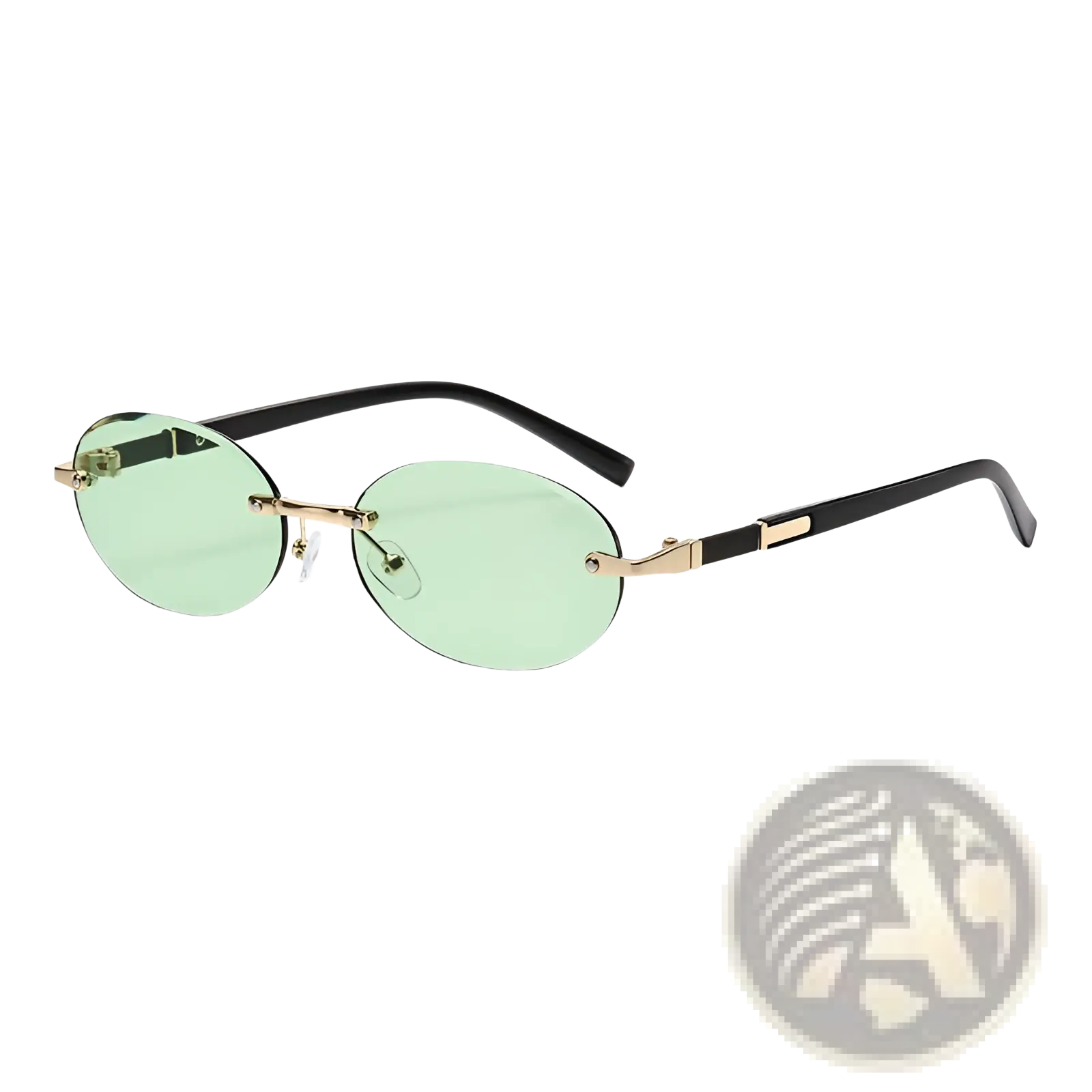 Frameless oval UV400 fashion sunglasses with black and gold metal accents and light green lenses