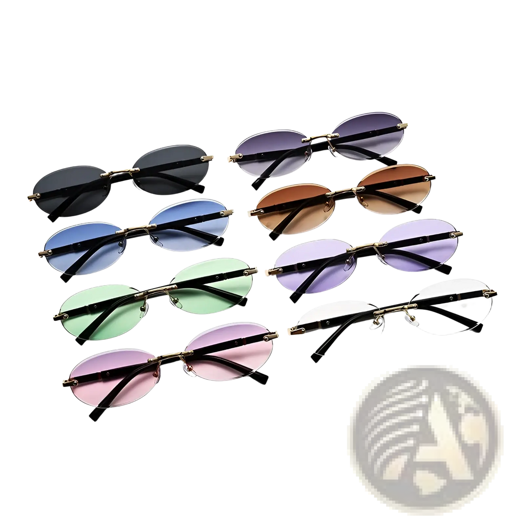 A set of frameless oval uv400 fashion sunglasses with metal accents and gradient lenses in black blue green pink and clear