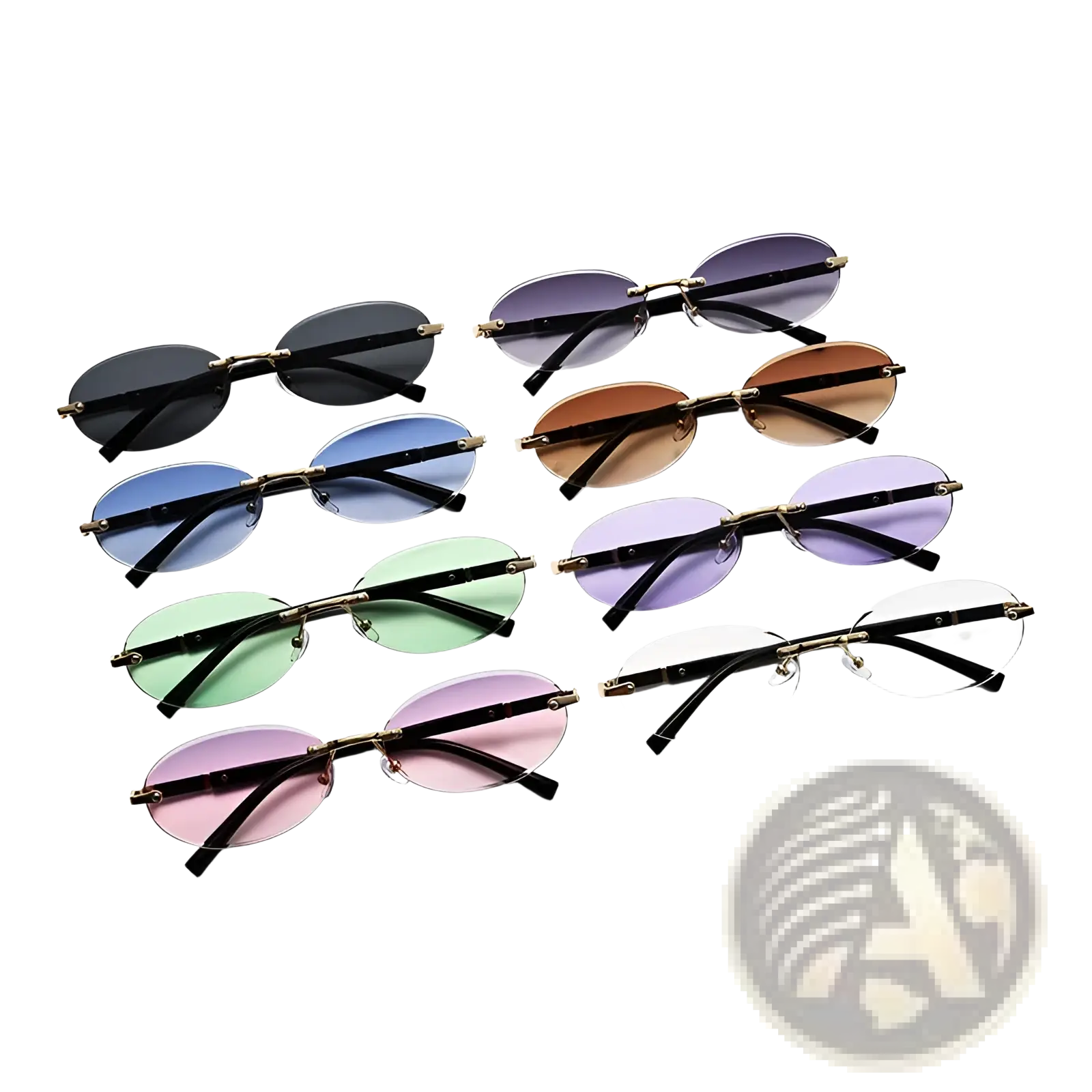 A set of frameless oval uv400 fashion sunglasses with metal accents and gradient lenses in black blue green pink and clear
