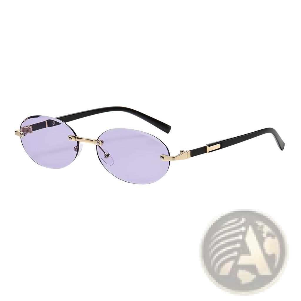 Frameless oval uv400 fashion sunglasses with black and gold metal accents and light purple tinted lenses