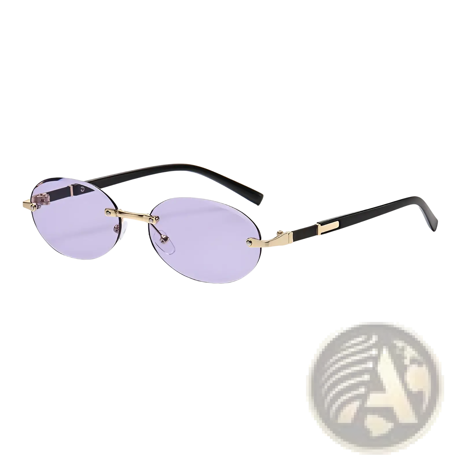 Frameless oval uv400 fashion sunglasses with black and gold metal accents and light purple tinted lenses