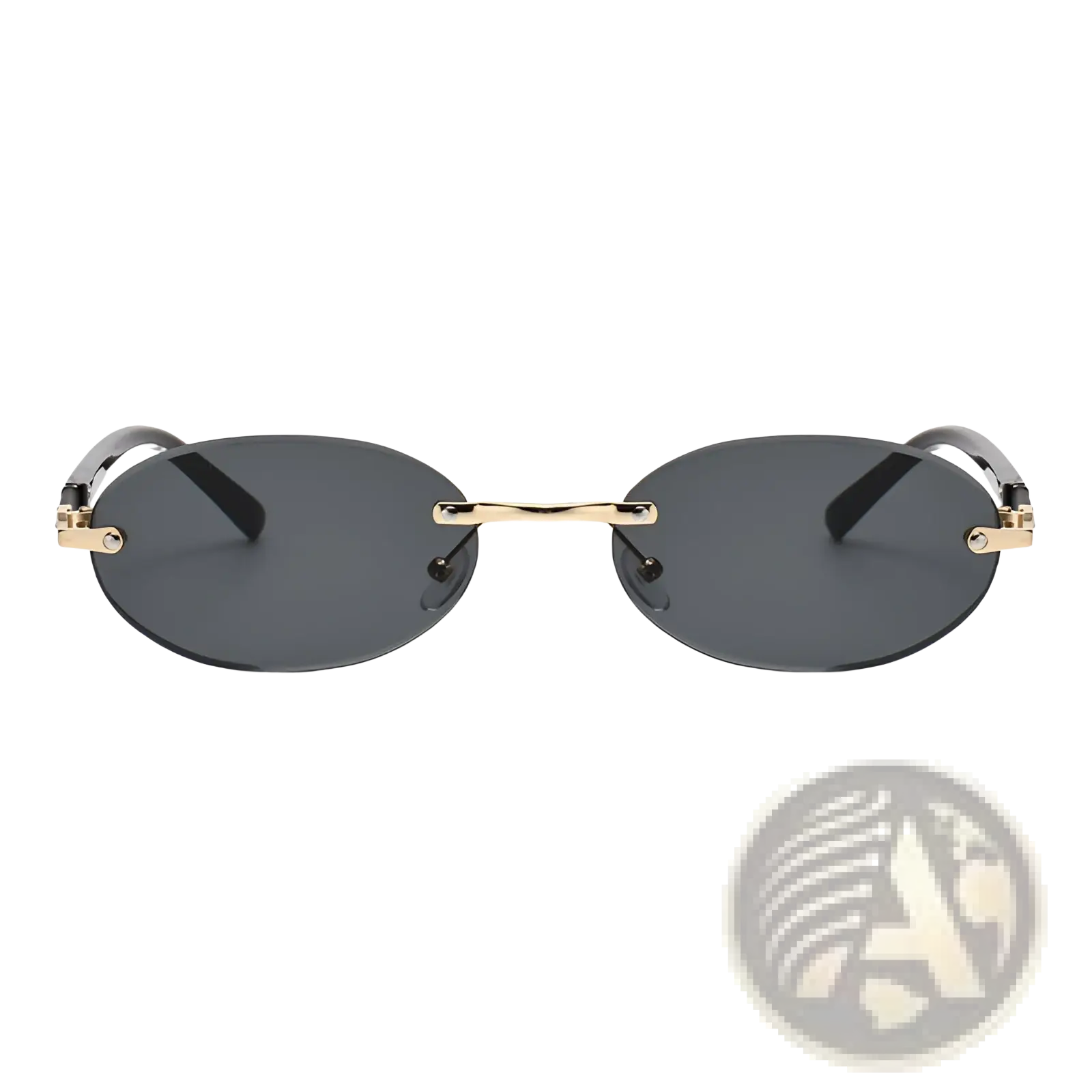 Gold-toned metal framed frameless oval UV400 fashion sunglasses with dark gray lenses and black temple arms