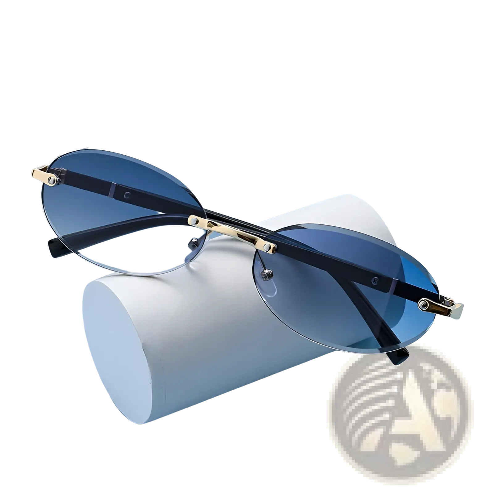 Frameless oval uv400 fashion sunglasses with blue gradient lenses black frames and gold-tone metal accents