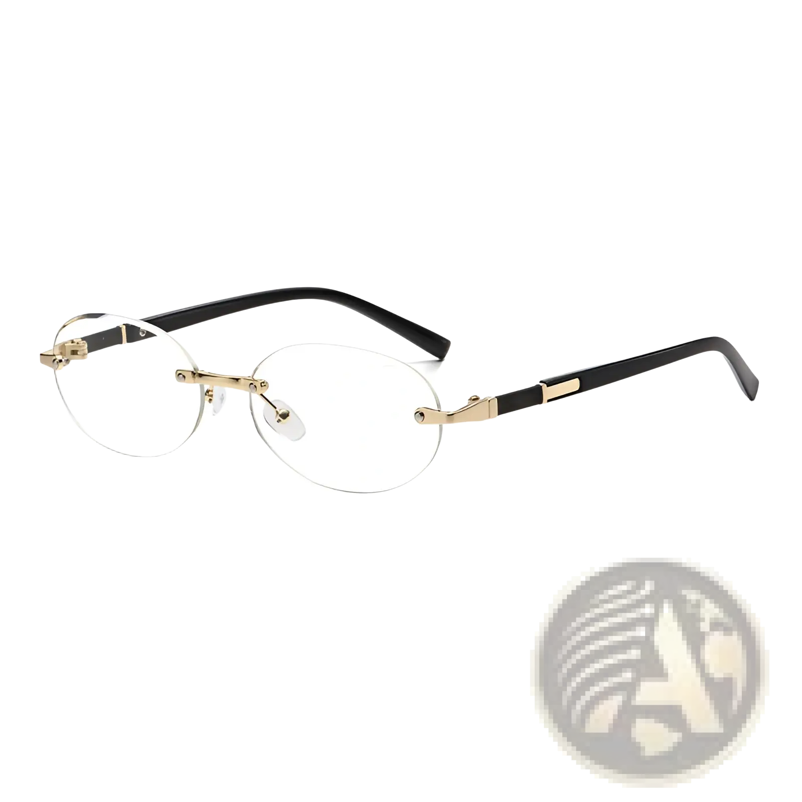 Frameless oval uv400 fashion sunglasses with black and gold metal accents and clear lenses in a rimless design