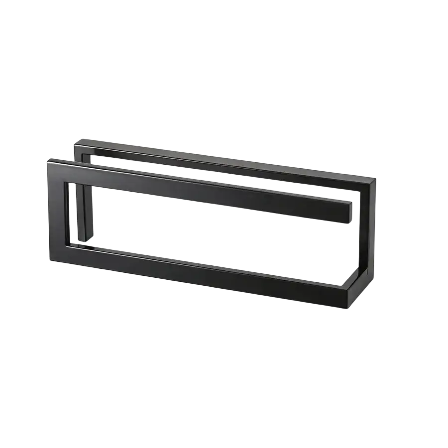 Freestanding metal shoe rack in black matte finish with minimalist rectangular towel rack design for space saving
