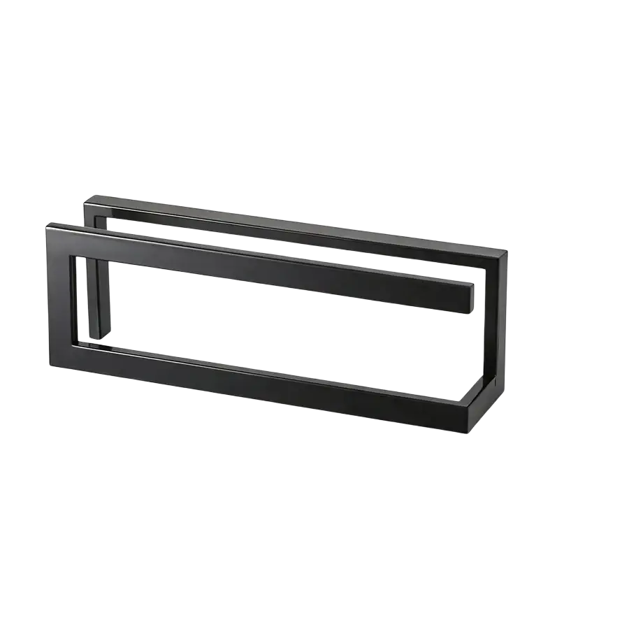 Black rectangular freestanding metal shoe rack with sleek modern design and space-saving holder features