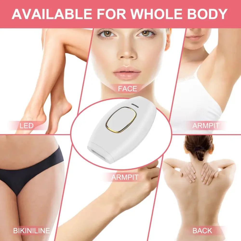 Foldable ipl laser hair removal device in white with gold accents and a gold oval button handheld design