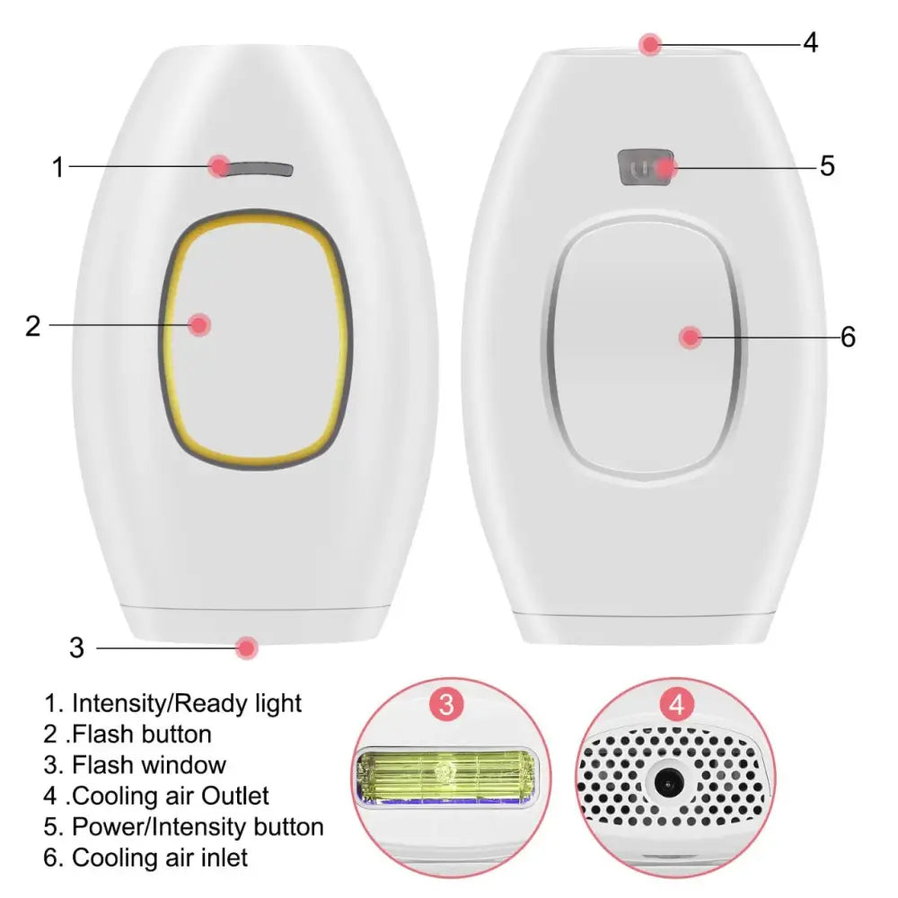 White foldable IPL laser hair removal device with gold accents featuring yellow flash window and cooling air outlets