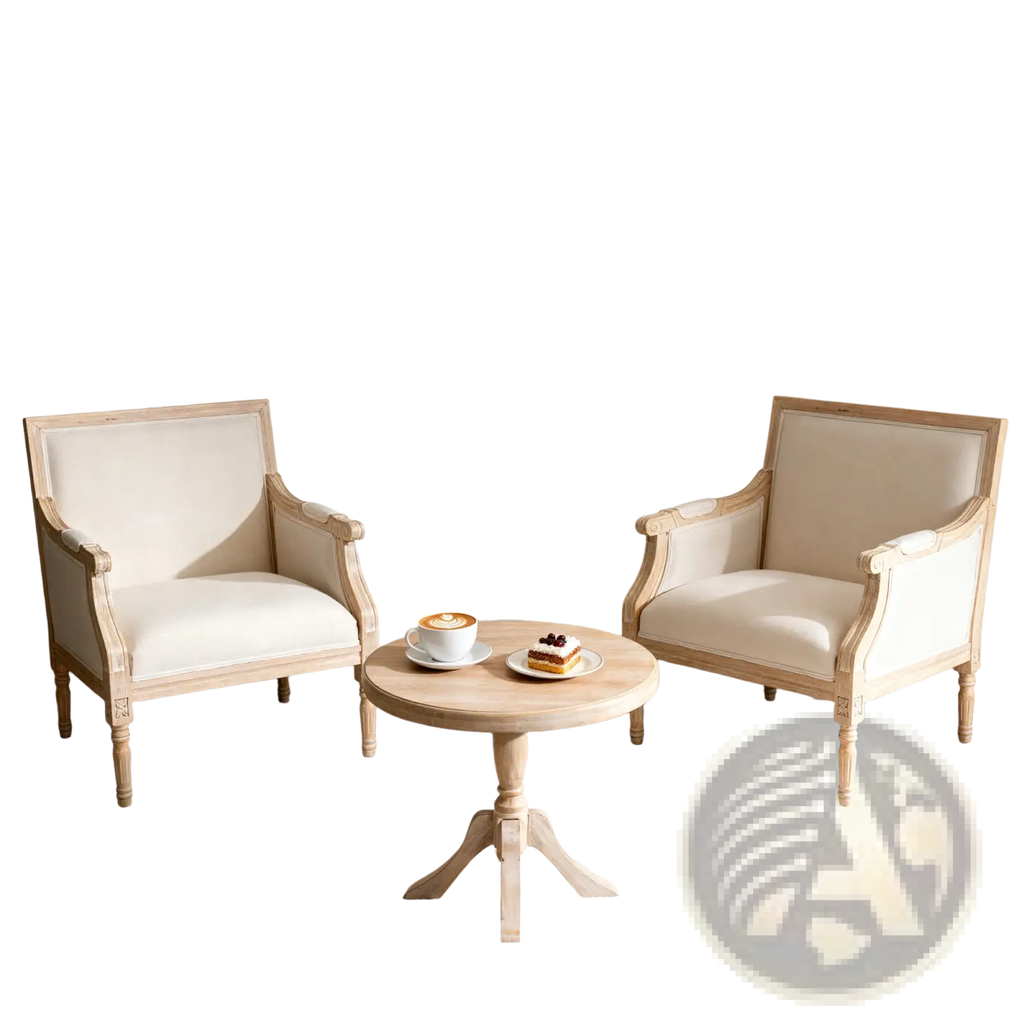 Pair of french accent linen armchairs with cream upholstery and distressed light wood frames for elegant seating